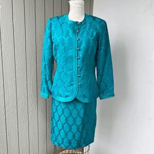 Anne Crimmins Umi 100% Silk Teal Skirt Suit Set Sz 10 Jewel Button VTG